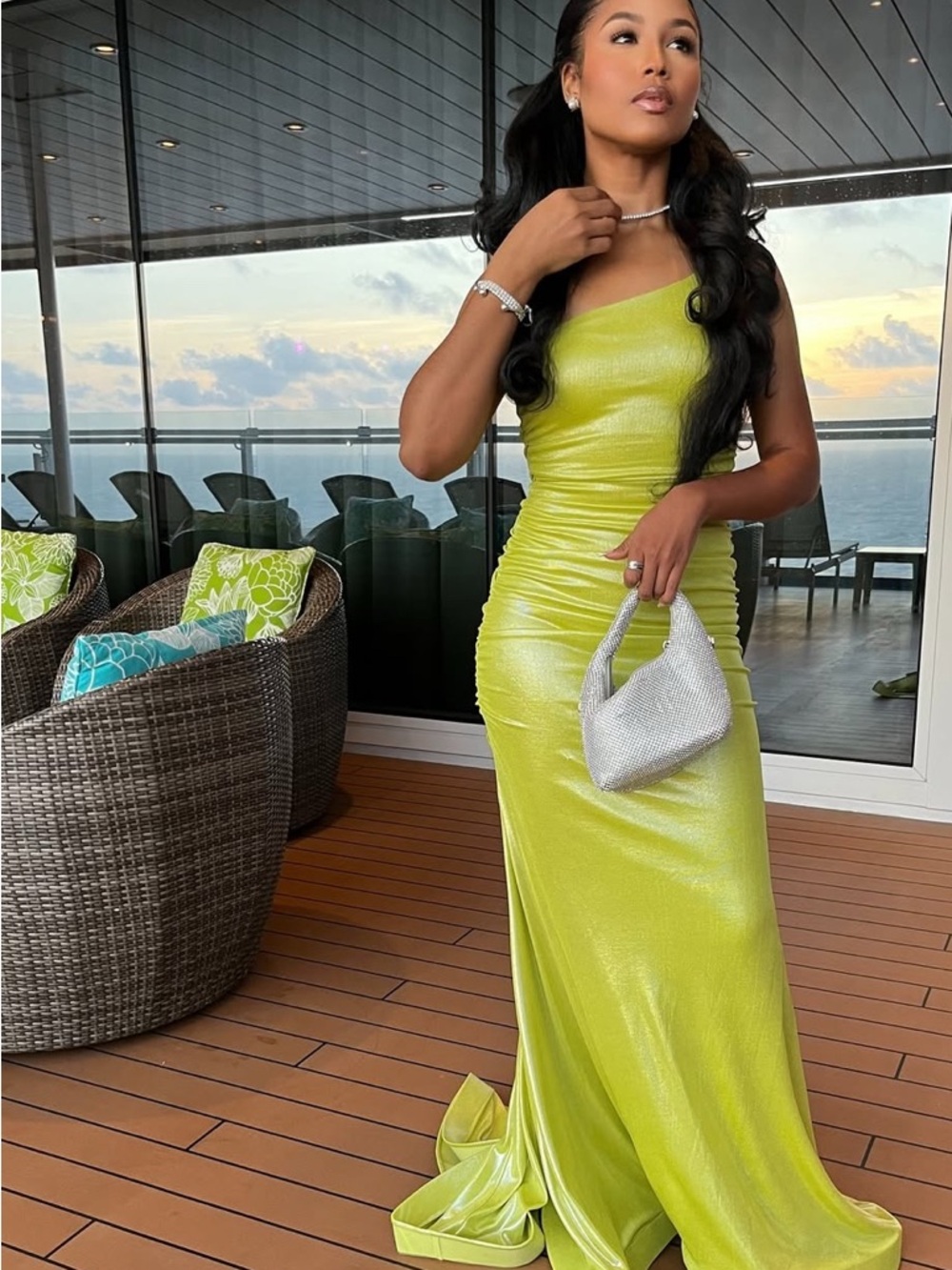 One-Shoulder Lime Green Evening Gown